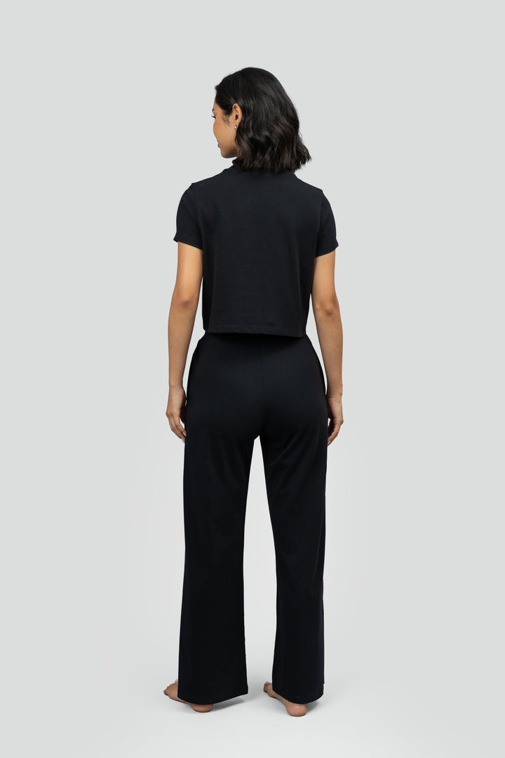 Black Soft Cotton Side Slit Flare Lounge Set