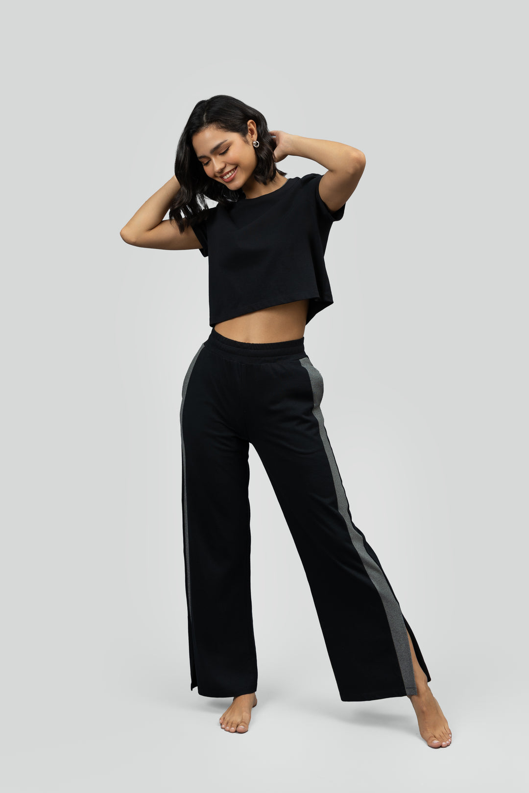 Black Soft Cotton Side Slit Flare Lounge Set