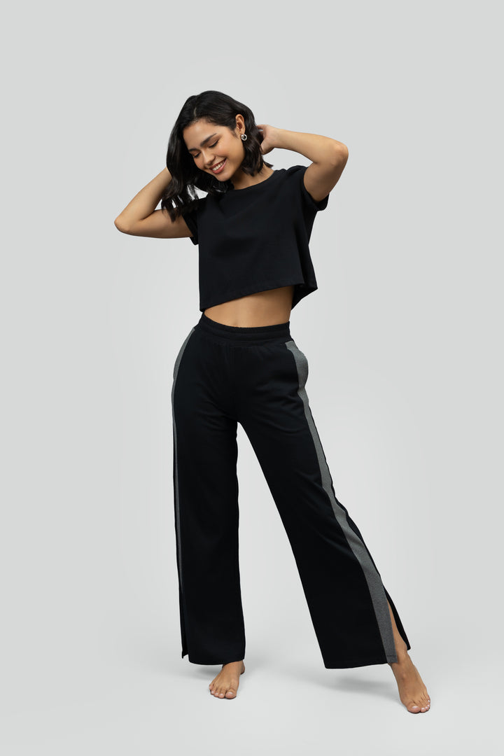 Black Soft Cotton Side Slit Flare Lounge Set