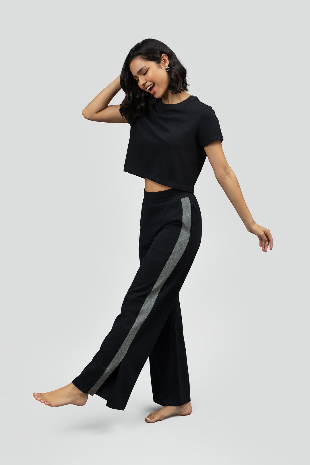 Black Soft Cotton Side Slit Flare Lounge Set