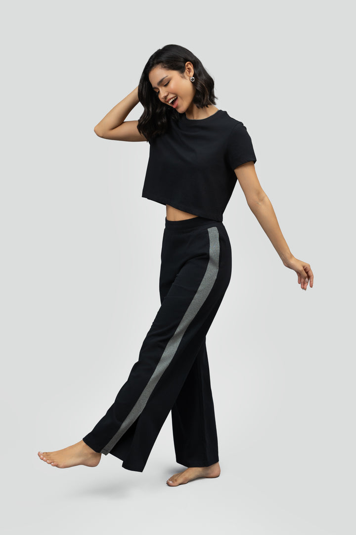 Black Soft Cotton Side Slit Flare Lounge Set
