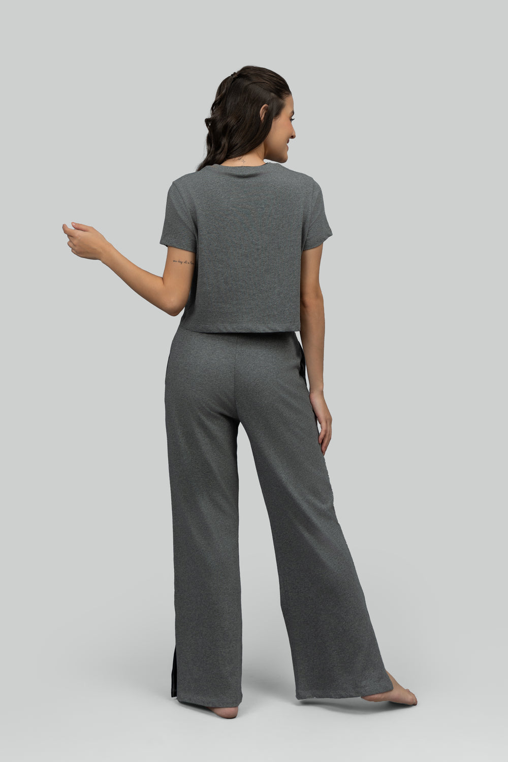 Grey Soft Cotton Side Slit Flare Lounge Set