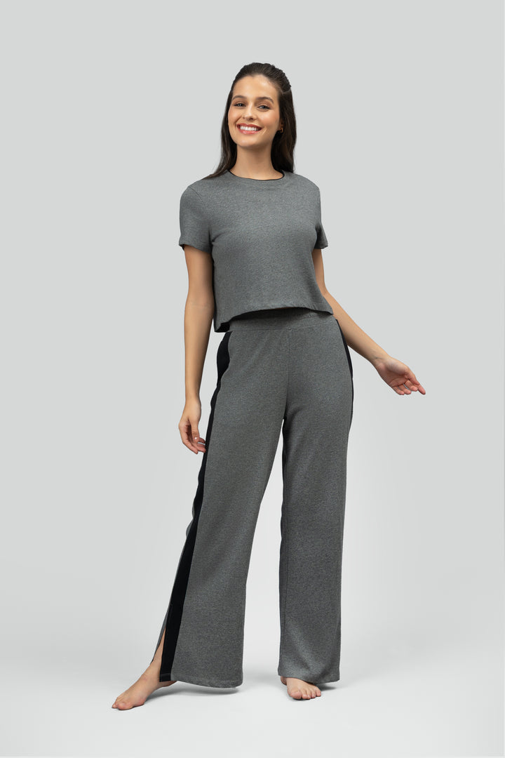 Grey Soft Cotton Side Slit Flare Lounge Set