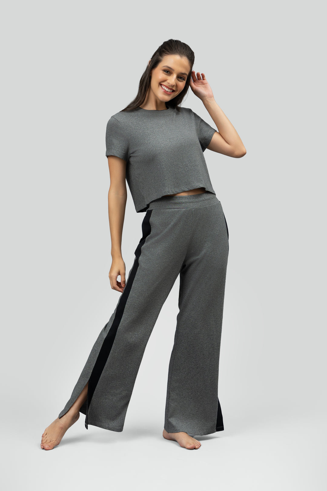 Grey Soft Cotton Side Slit Flare Lounge Set
