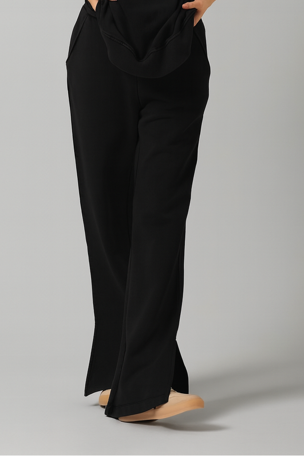 Black Cotton Terry Side Slit Pant