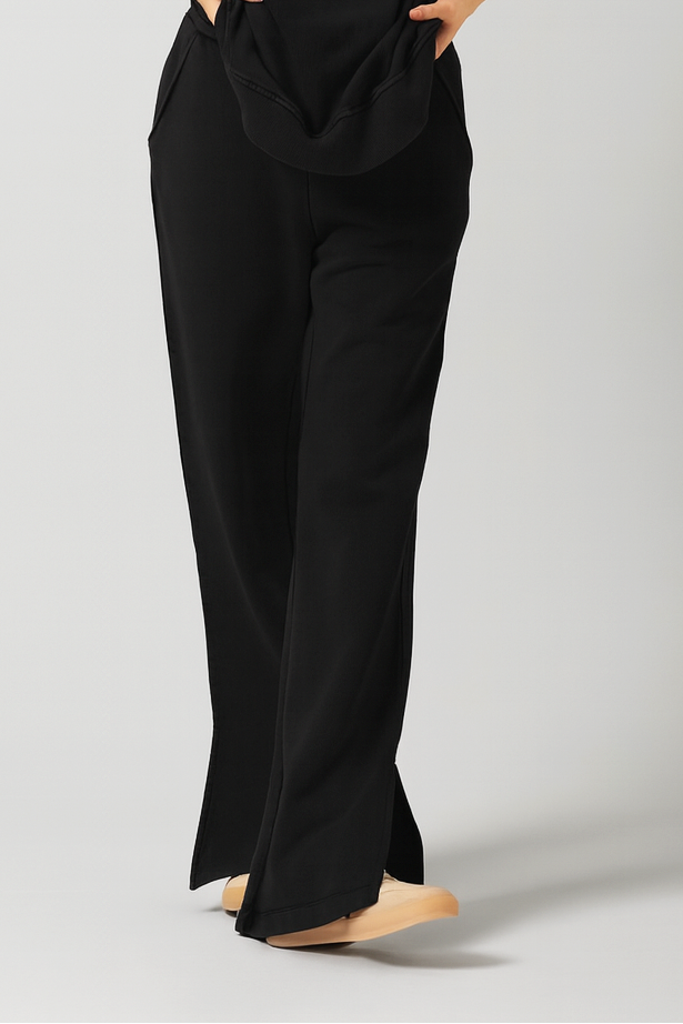Black Cotton Terry Side Slit Pant