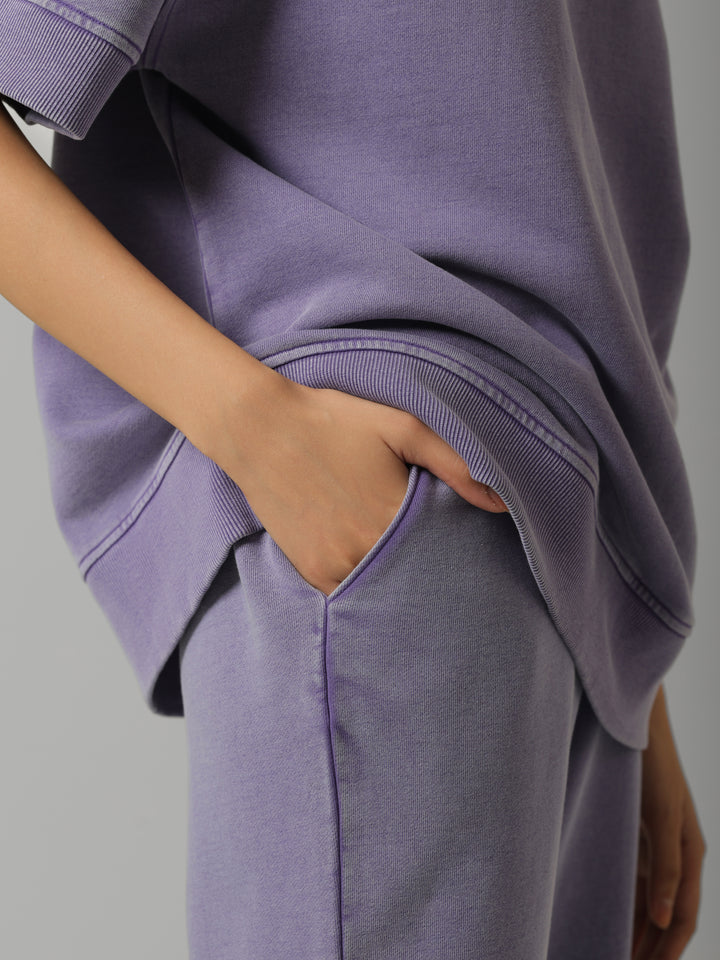 Lilac Cotton Terry Acid Wash Side Slit Pant