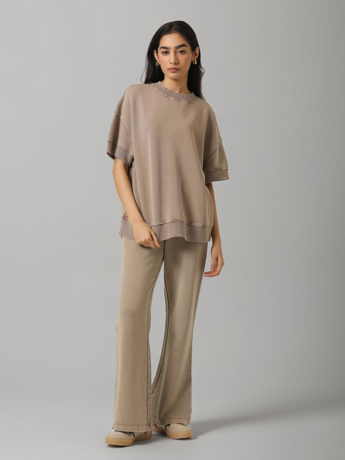 Brown Acid Wash Short Sleeve Sweatshirt