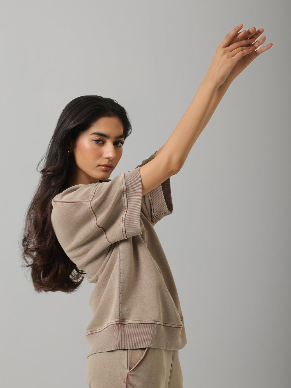 Brown Acid Wash Short Sleeve Sweatshirt