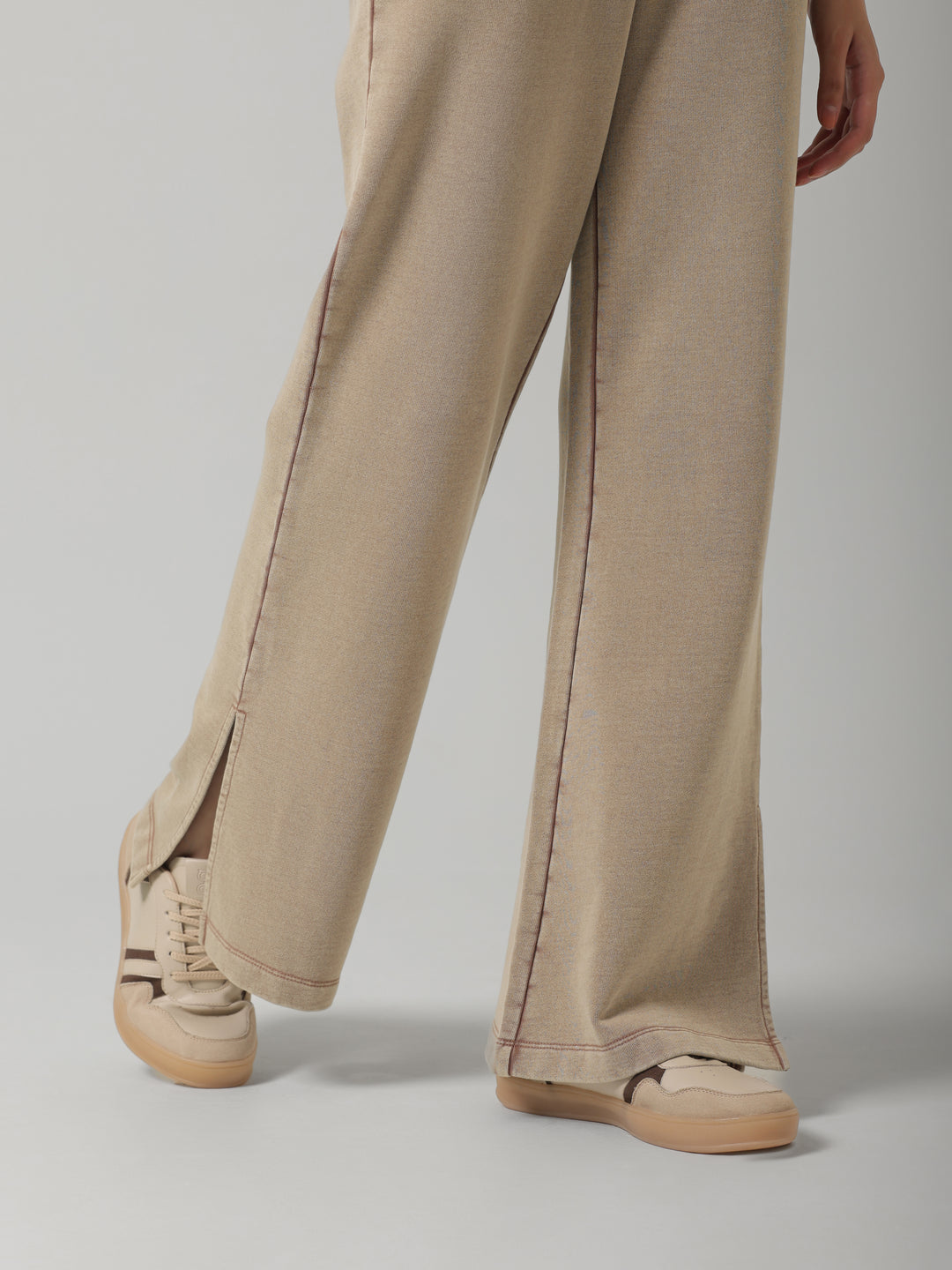 Brown Cotton Terry Acid Wash Side Slit Pant