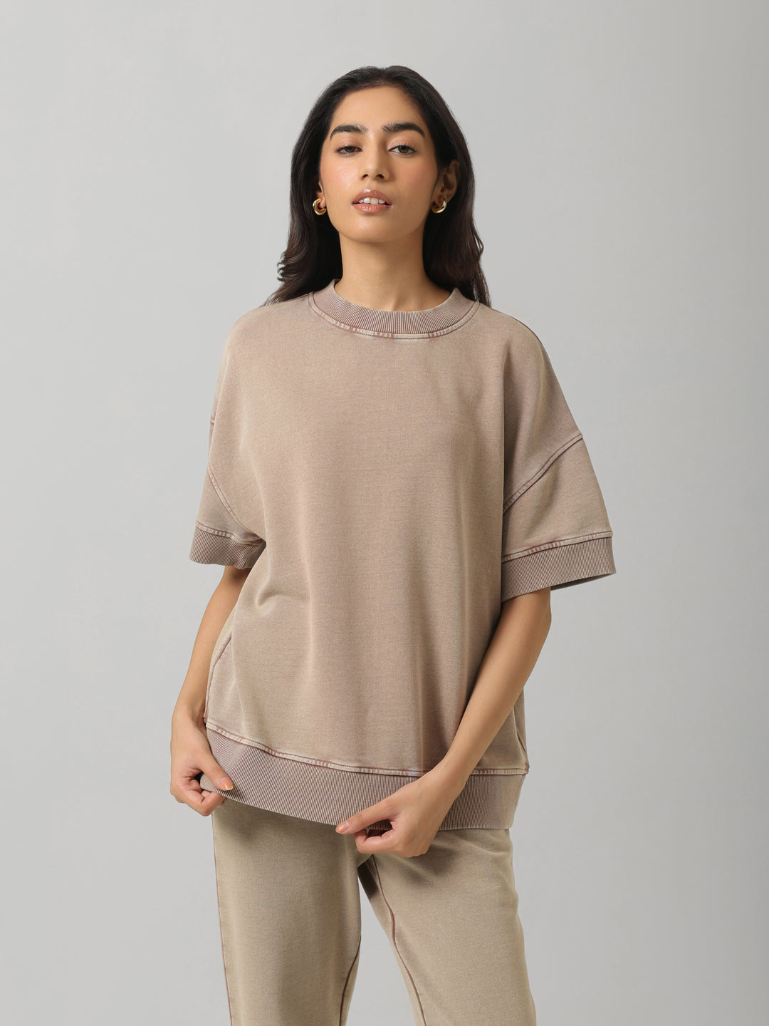 Brown Acid Wash Short Sleeve Sweatshirt