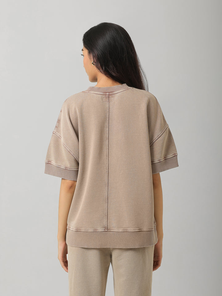 Brown Acid Wash Short Sleeve Sweatshirt