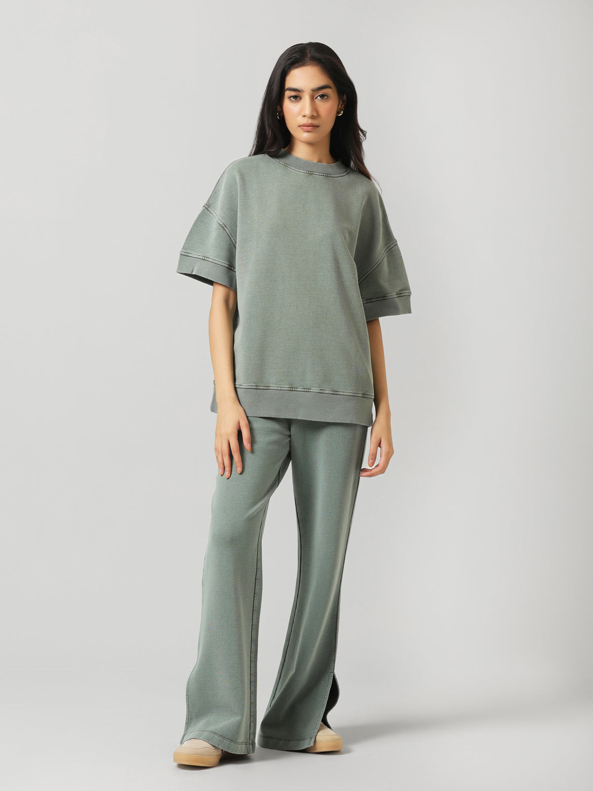 Green Acid Wash Short Sleeve Sweatshirt