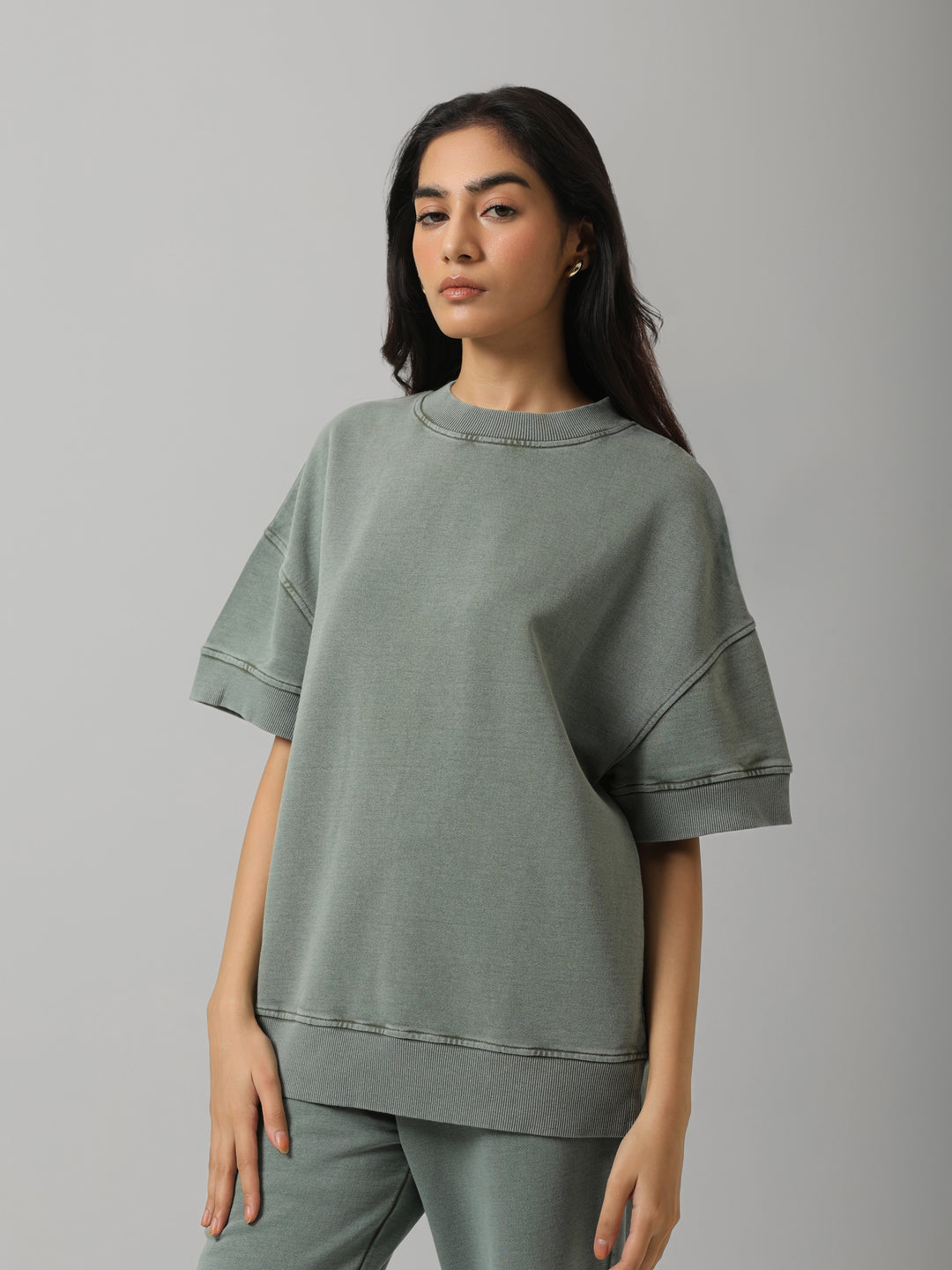 Green Acid Wash Short Sleeve Sweatshirt