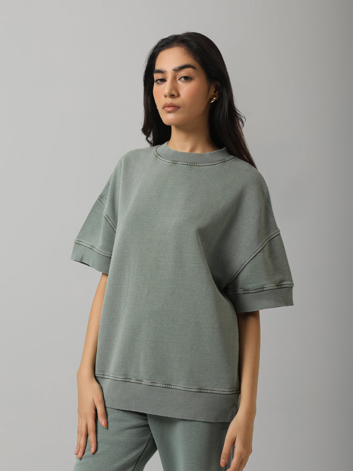 Green Acid Wash Short Sleeve Sweatshirt