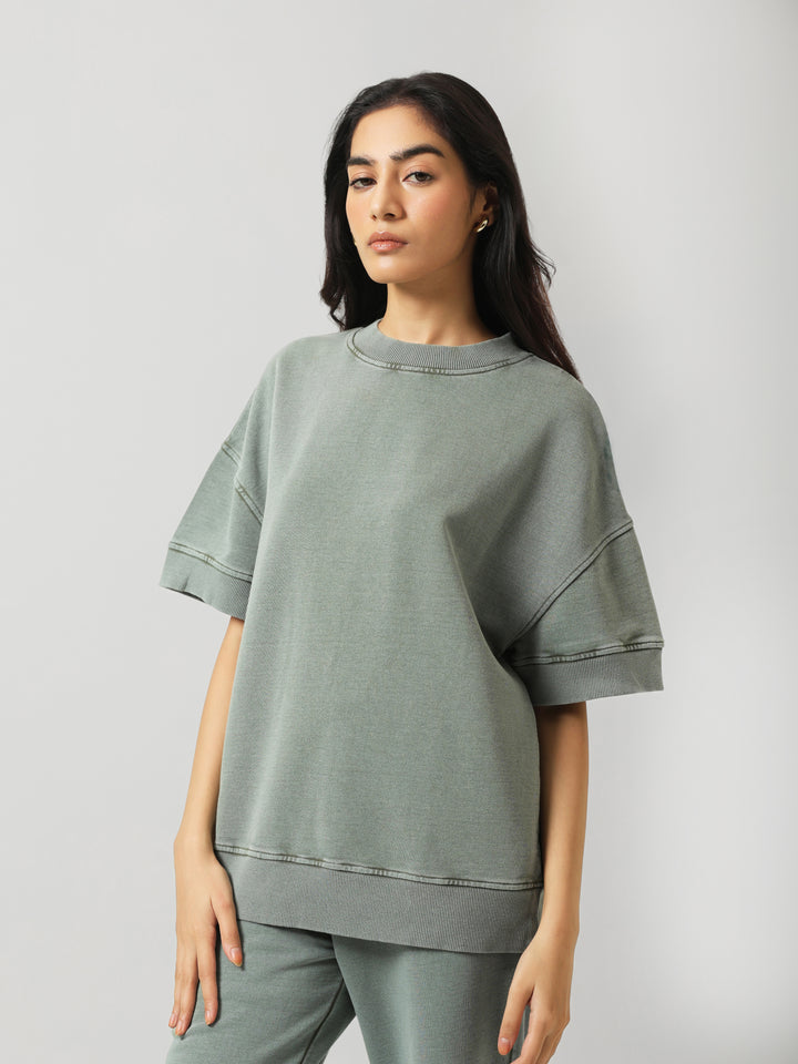 Green Acid Wash Short Sleeve Sweatshirt