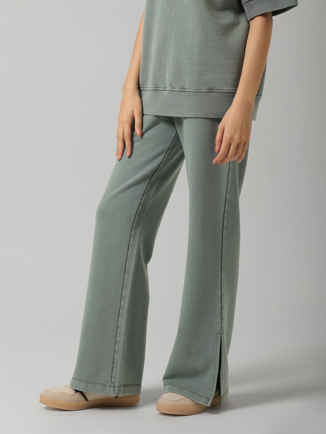 Green Cotton Terry Acid Wash Side Slit Pant