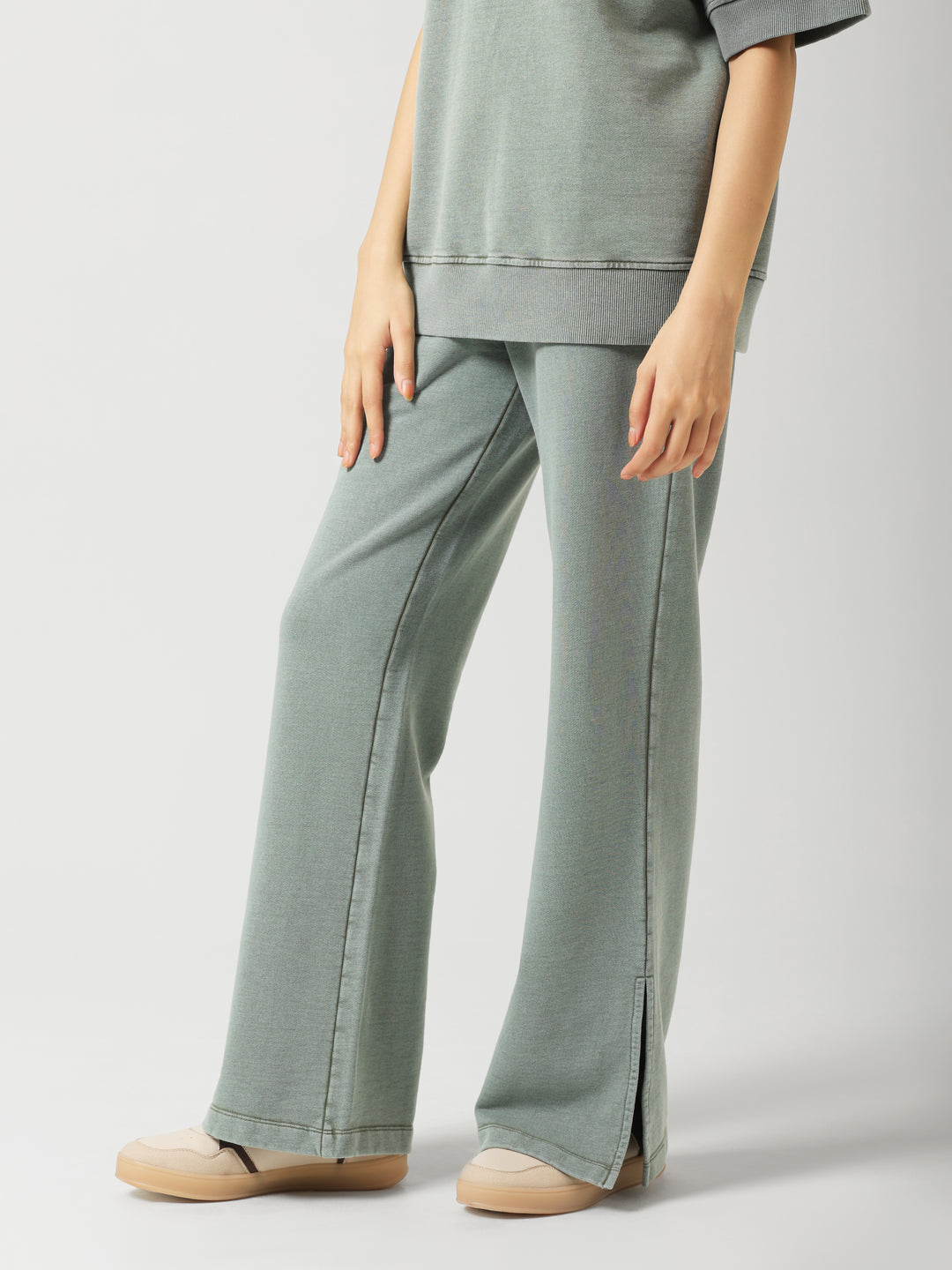 Green Cotton Terry Acid Wash Side Slit Pant