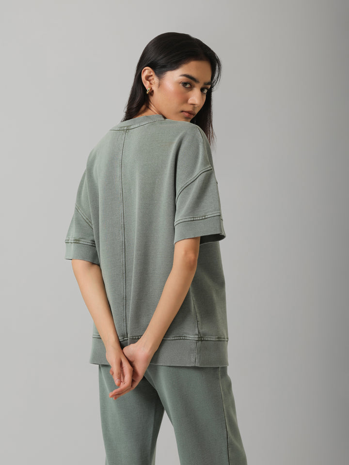 Green Acid Wash Short Sleeve Sweatshirt