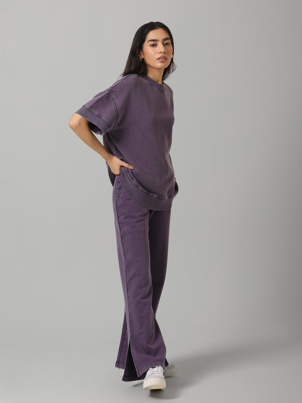 100% Plum Cotton Terry Acid Wash Set