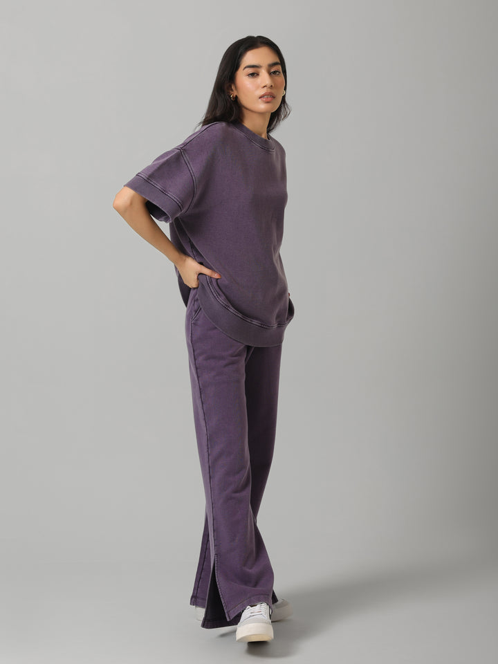 100% Plum Cotton Terry Acid Wash Set