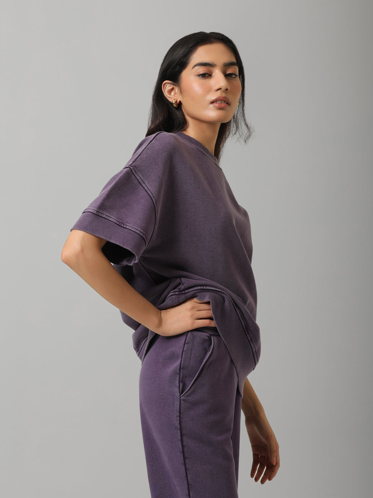 Plum Acid Wash Short Sleeve Sweatshirt