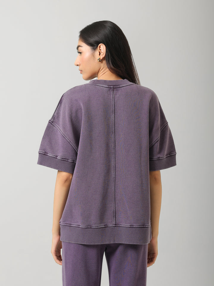 Plum Acid Wash Short Sleeve Sweatshirt