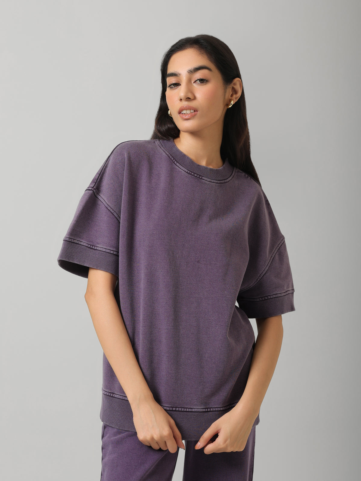 Plum Acid Wash Short Sleeve Sweatshirt
