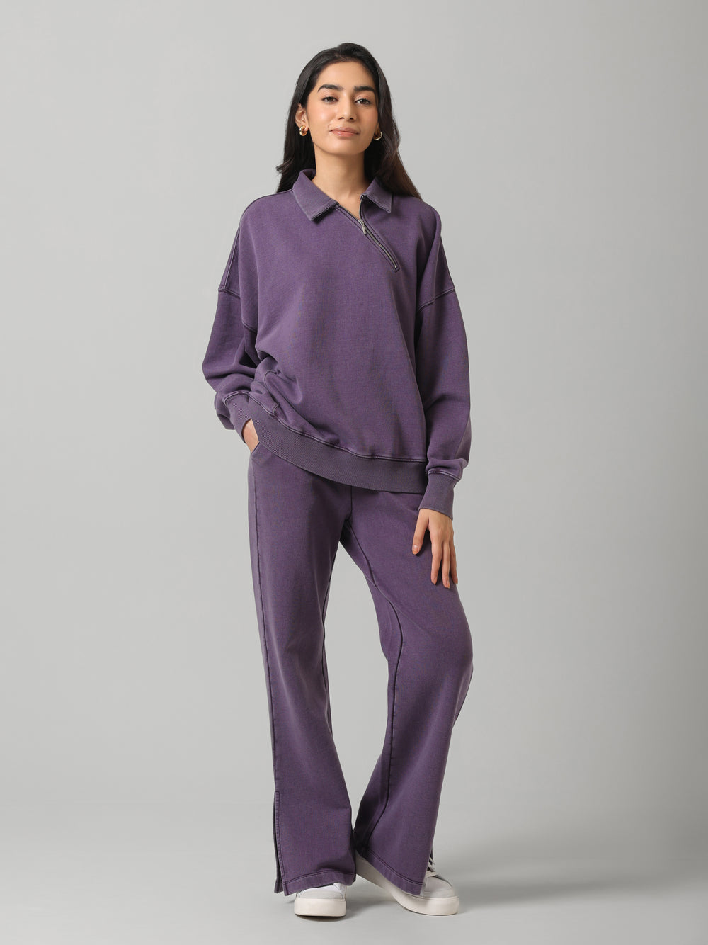 Plum Cotton Terry Acid Wash Side Slit Pant