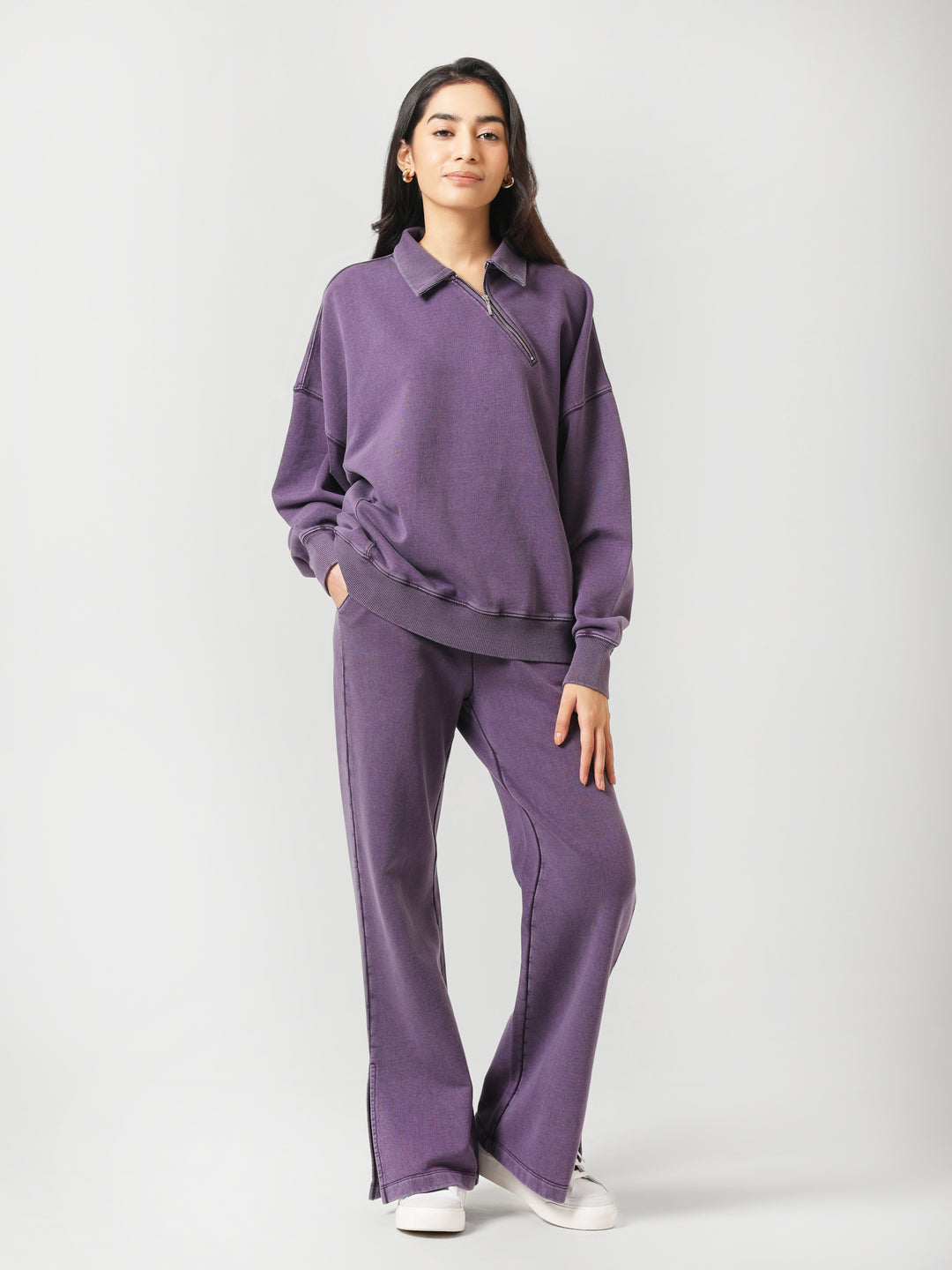 Plum Cotton Terry Acid Wash Side Slit Pant