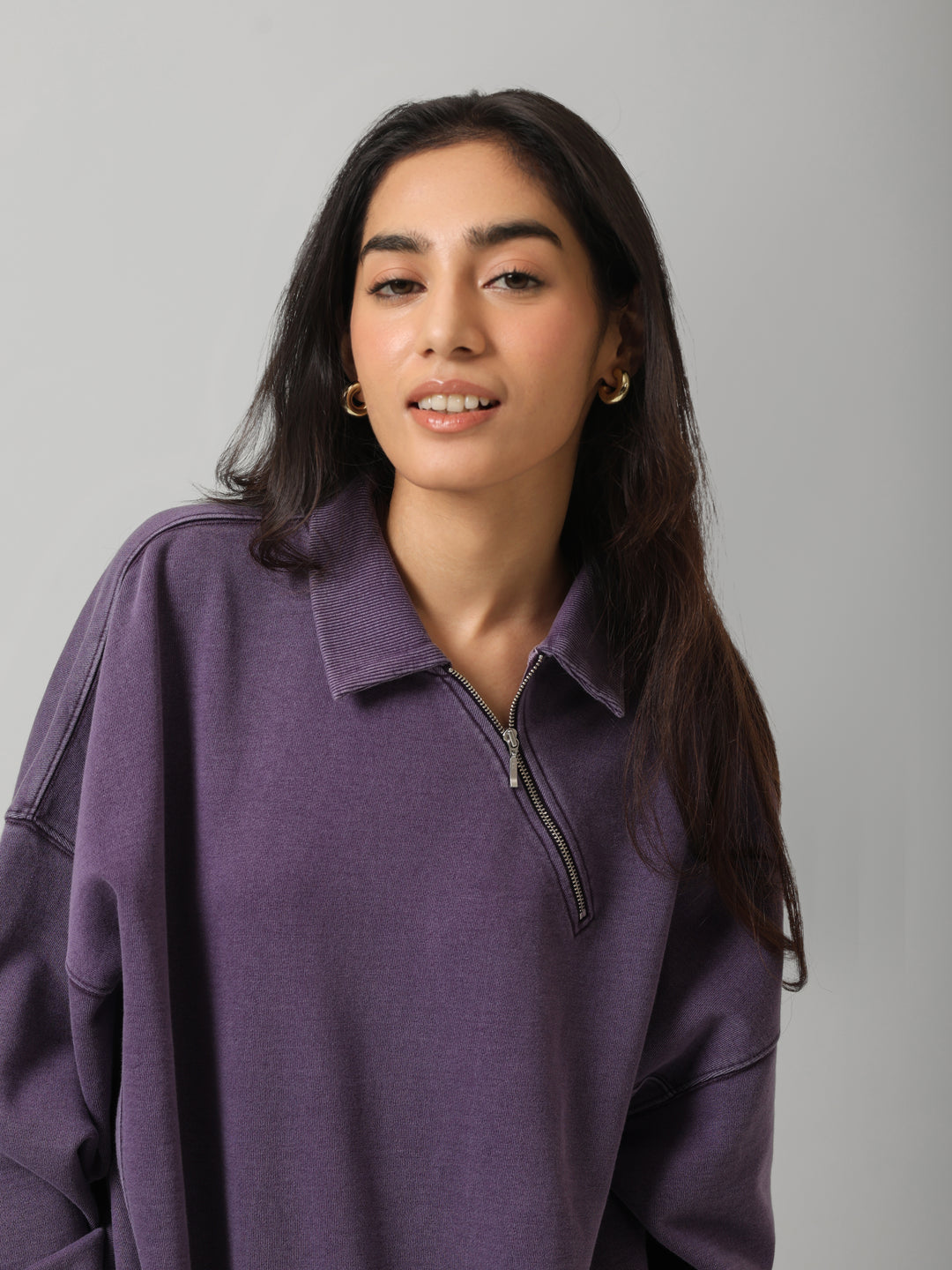 100% Cotton Terry Plum Diagonal Zipper Polo