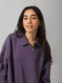 100% Cotton Terry Plum Diagonal Zipper Polo