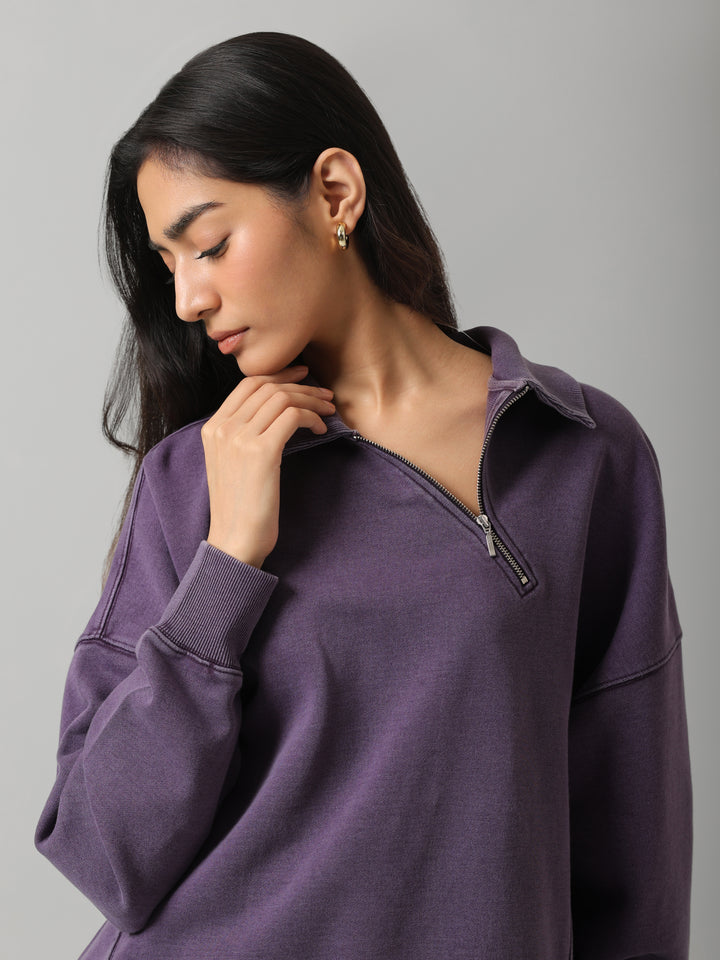 100% Cotton Terry Plum Diagonal Zipper Polo