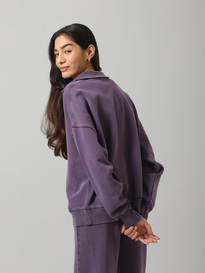 100% Cotton Terry Plum Diagonal Zipper Polo