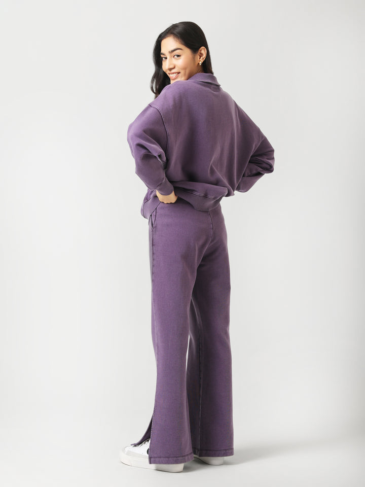 Plum Cotton Terry Acid Wash Side Slit Pant