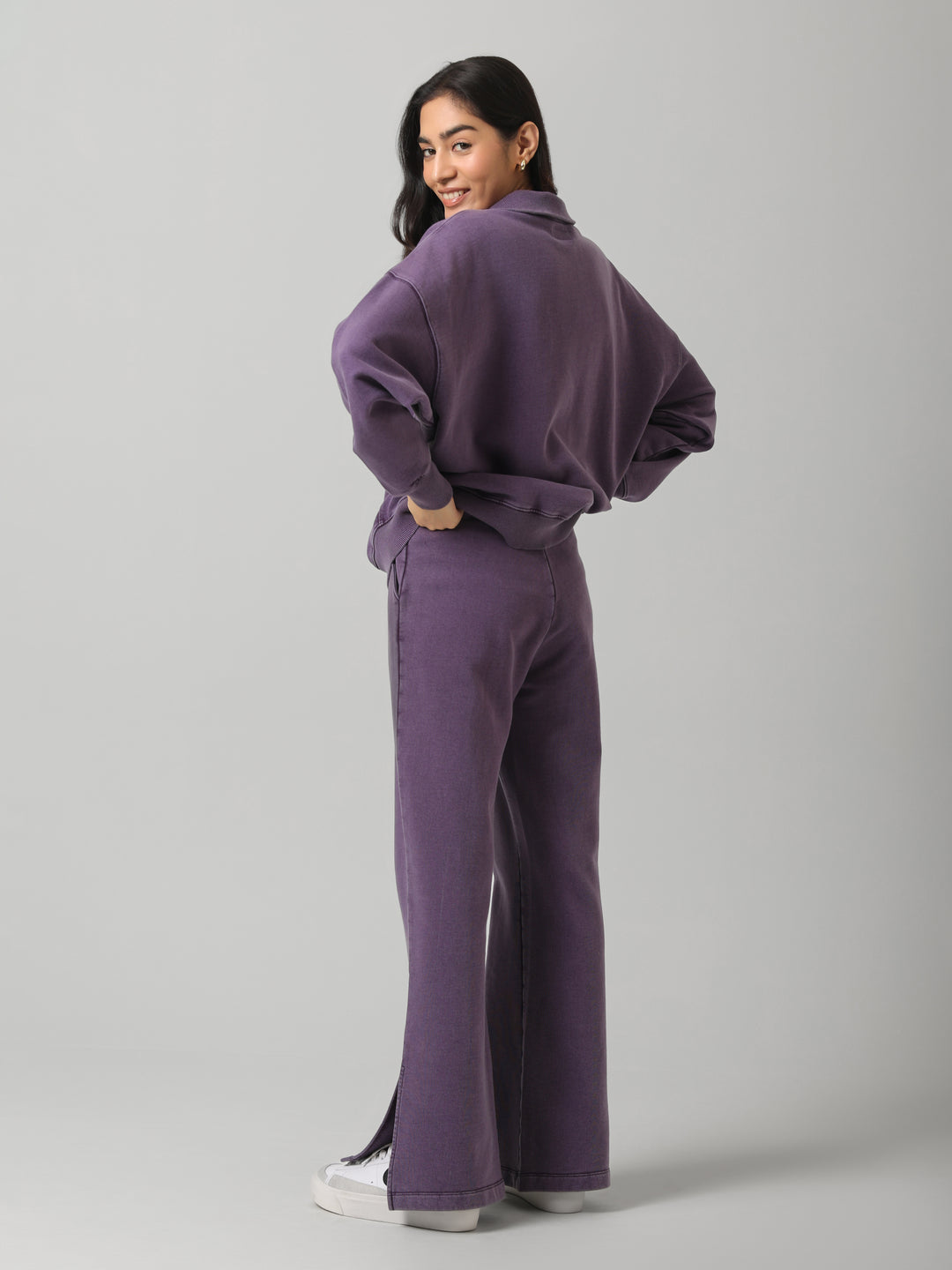 Plum Cotton Terry Acid Wash Side Slit Pant