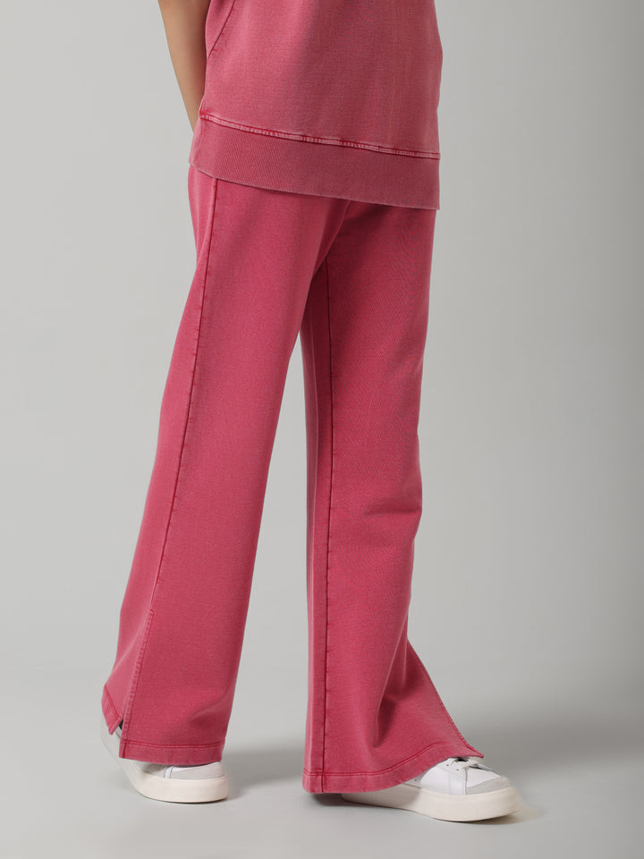 Red Cotton Terry Acid Wash Side Slit Pant