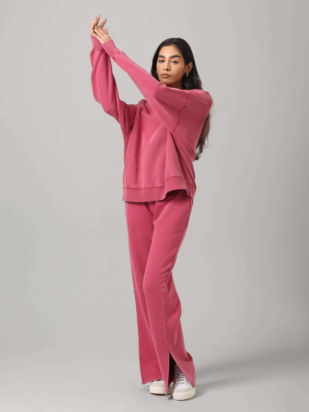 Red Cotton Terry Acid Wash Side Slit Pant