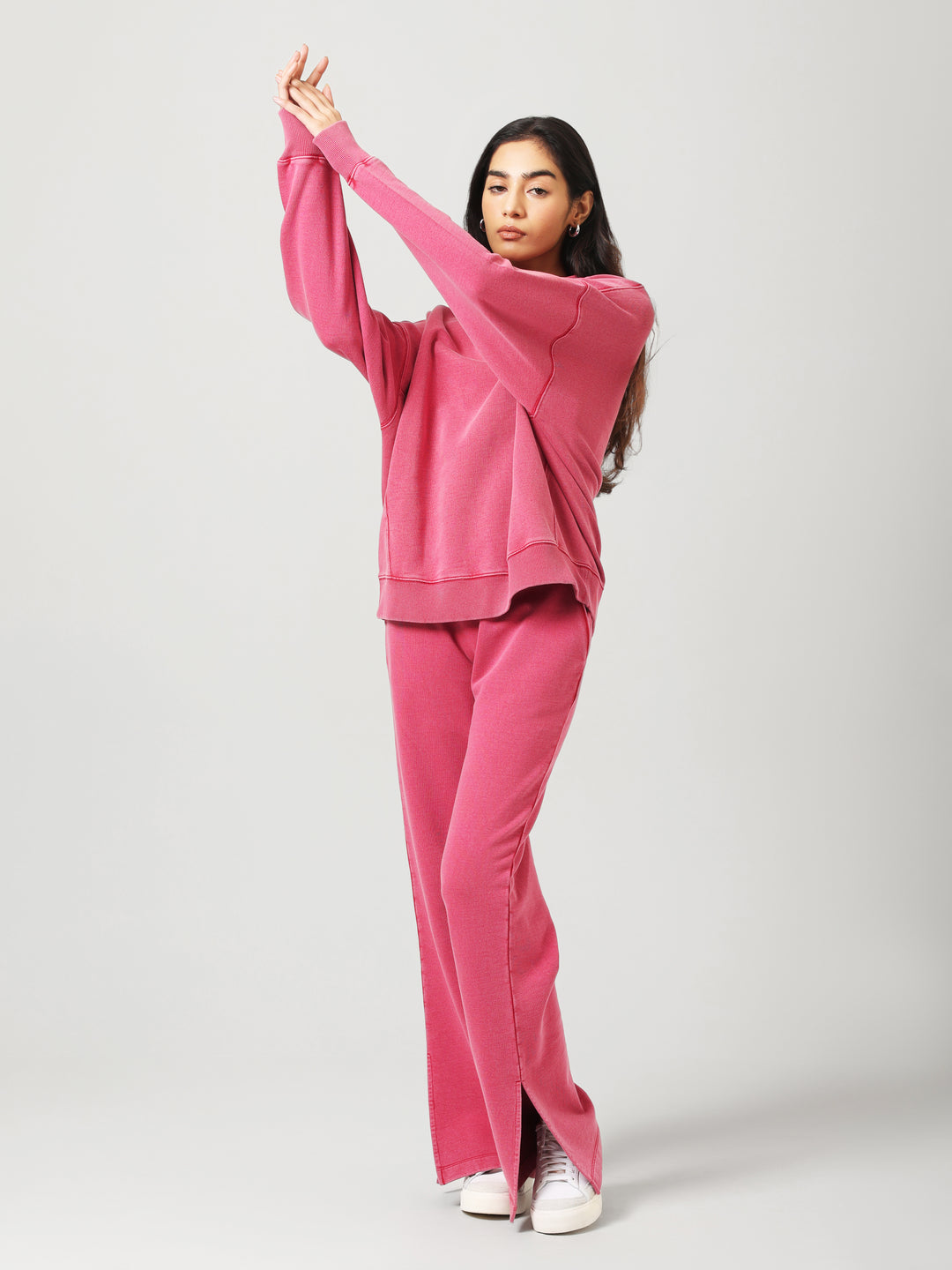 Red Cotton Terry Acid Wash Side Slit Pant