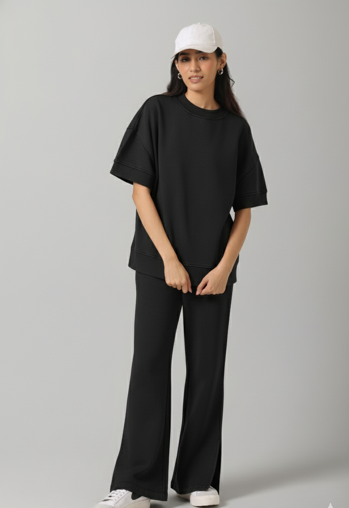 Black Cotton Terry Short Sleeve Sweatshirt