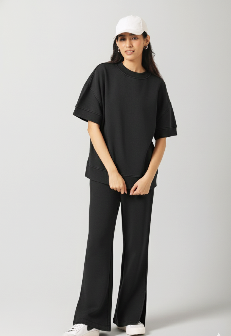 Black Cotton Terry Short Sleeve Sweatshirt