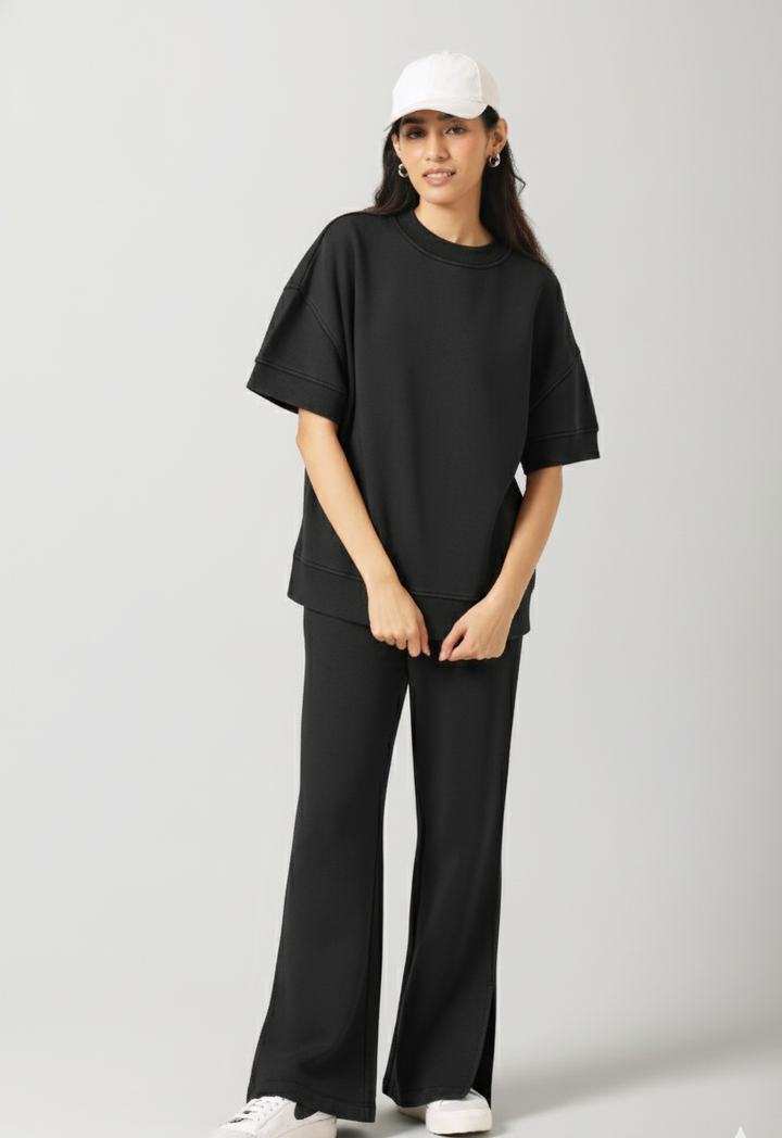 Black Cotton Terry Short Sleeve Sweatshirt