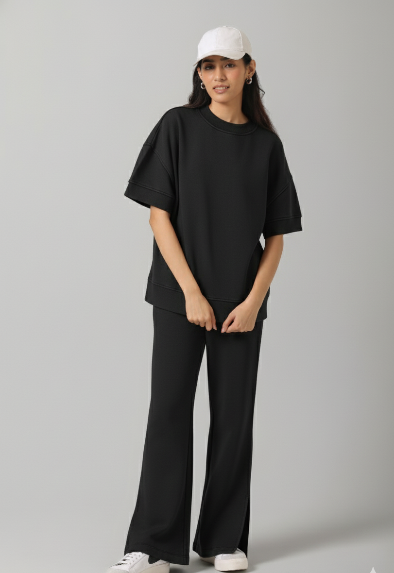 Black Cotton Terry Side Slit Pant