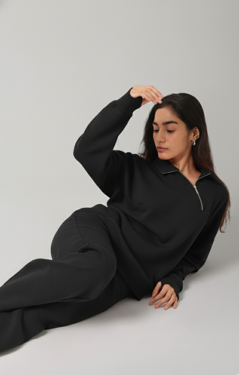 100% Cotton Terry Black Diagonal Zipper Polo