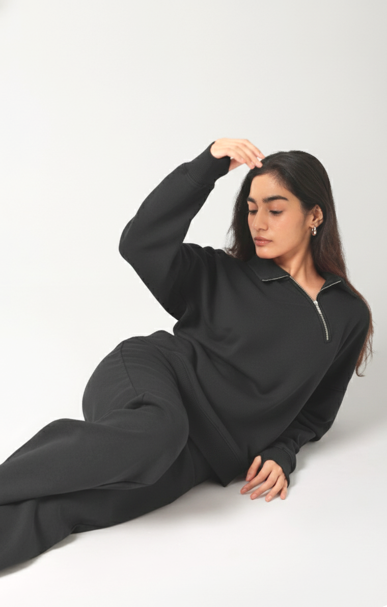 100% Cotton Terry Black Diagonal Zipper Polo