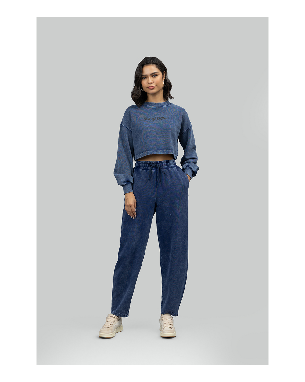 'Out of office' Navy Denim Wash Terry Barrel Co-ord Set