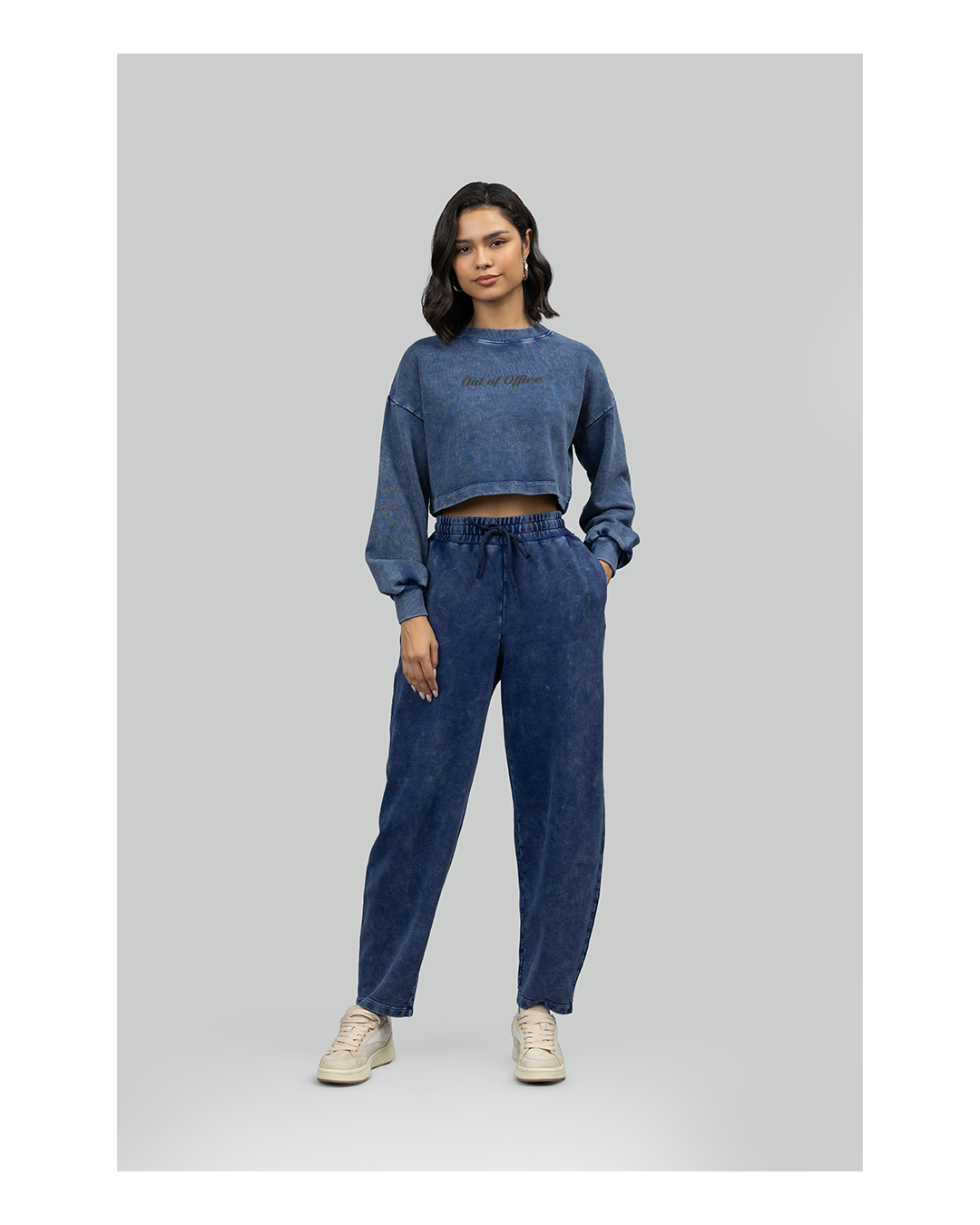 Out Of Office' Navy Acid Wash Terry Cropped Sweatshirt