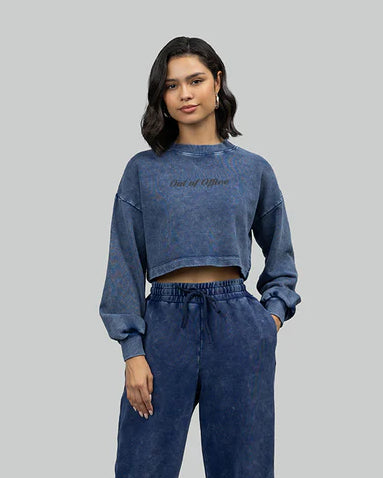 'Out Of Office' Navy Acid Wash Terry Cropped Sweatshirt