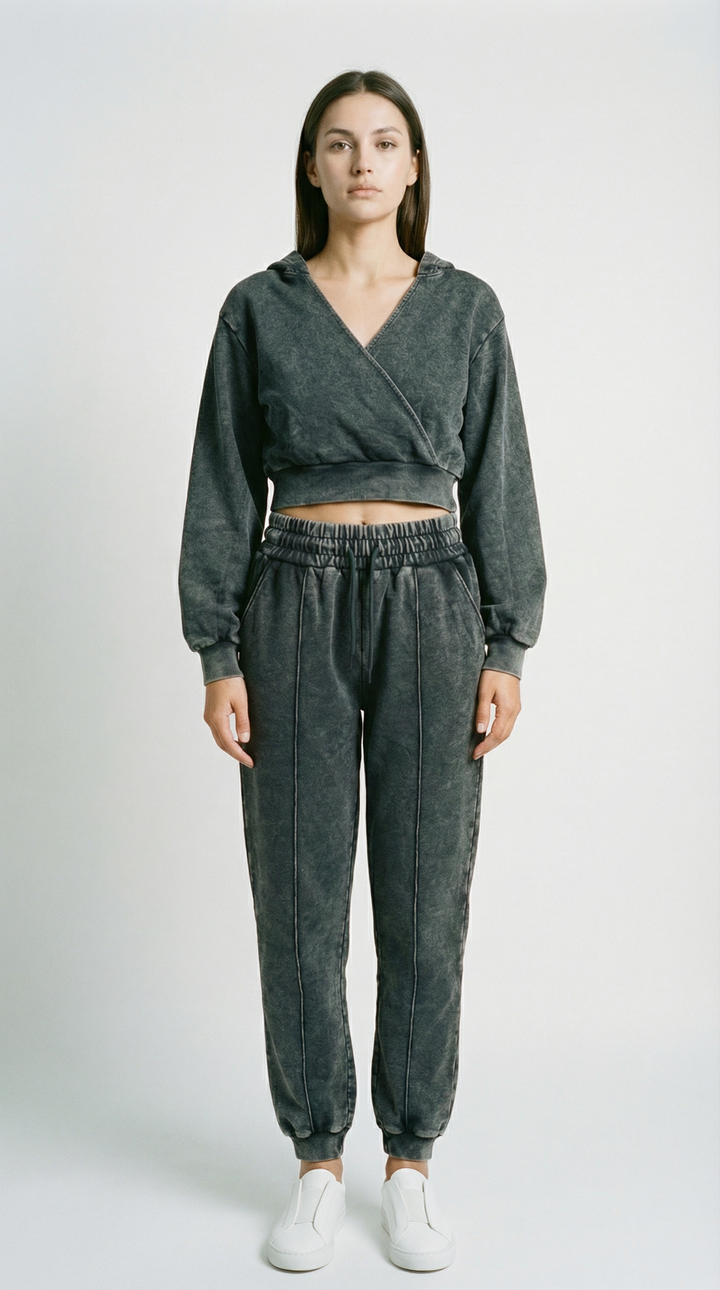Grey Wrap Acid Wash Hoodie Co-ord Set