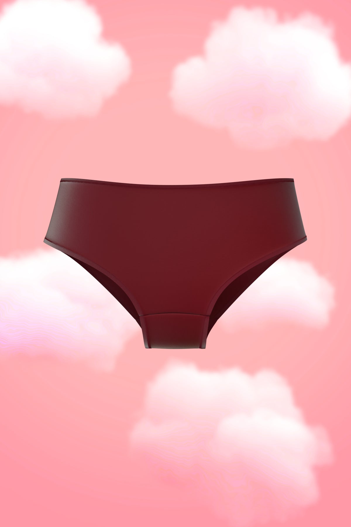 Supima Modal Brief Nessies in deep burgundy against soft pink clouds.